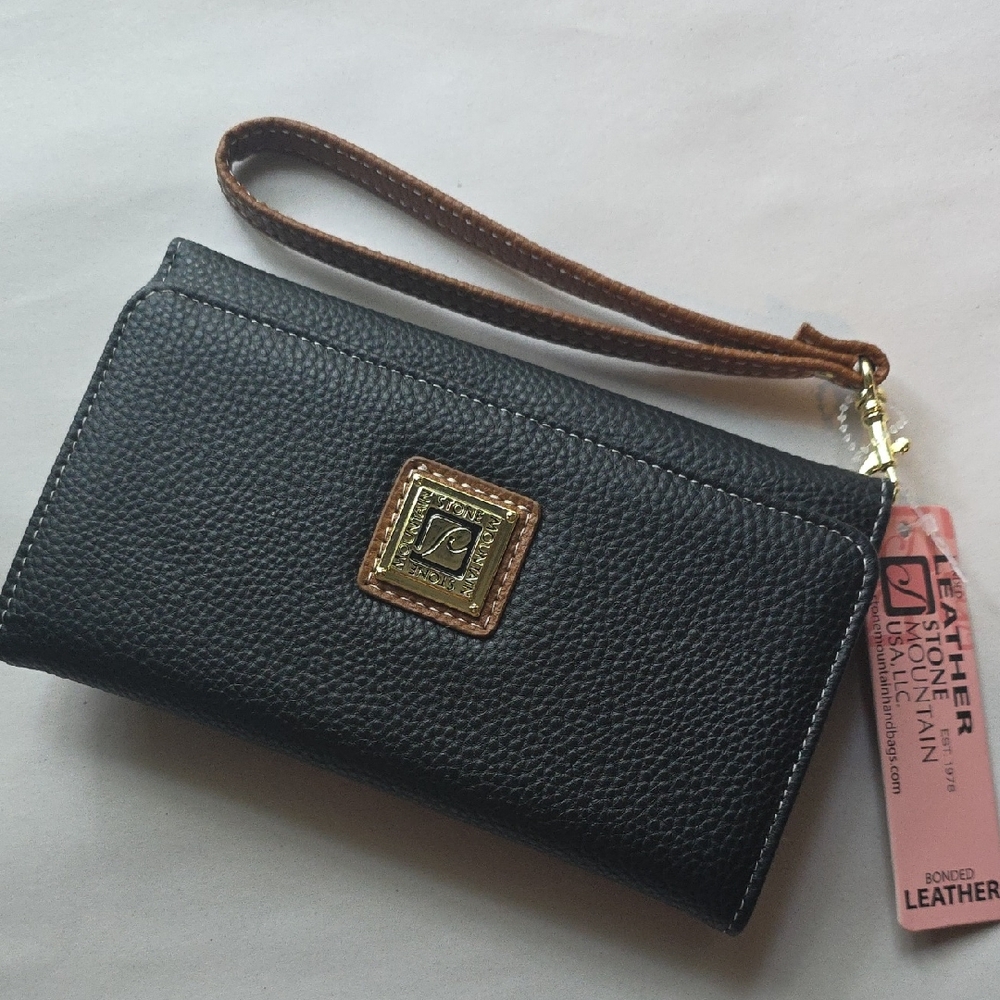 Stone Mountain Accessories Black Leather Wristlet Wallet Gold Accents NWT